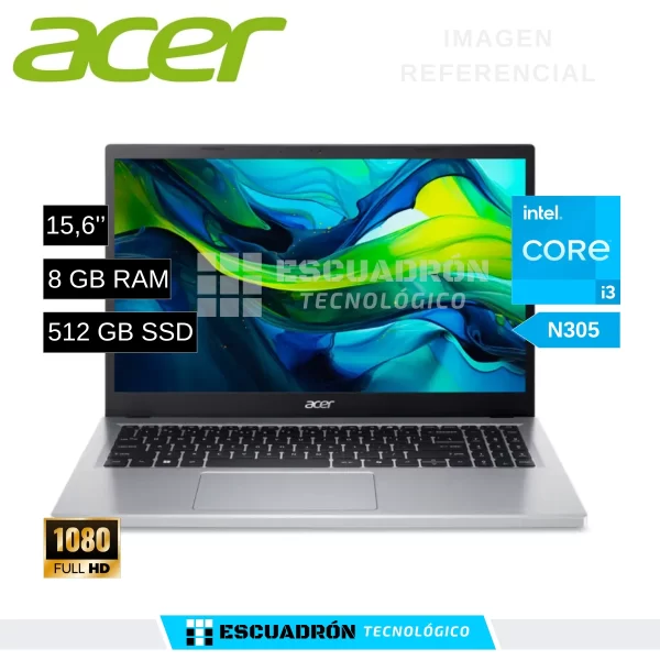 LAPTOP ACER ASPIRE GO 15 / INTEL CORE I3 N305 / 8GB DDR5 / 512 GB SSD / 15,6'' FHD
